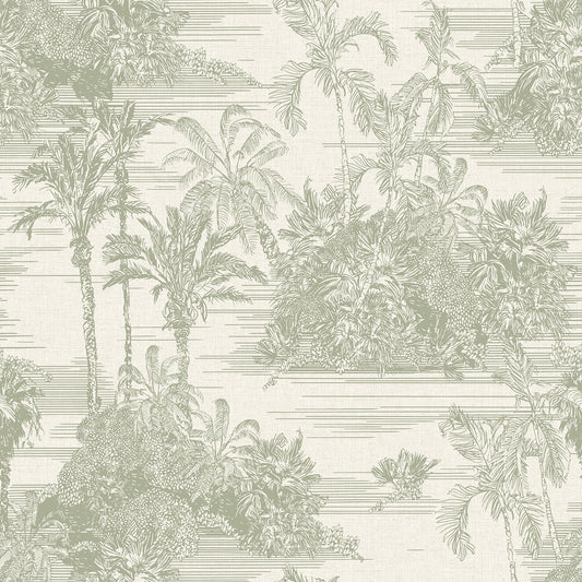 VEER DECOR Tropic Archive Toile Sage Peel & Stick Wallpaper Tropical Transitional Sage  Wallpaper - 8375-AF2