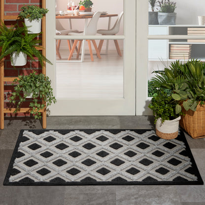 Entry rug with white diamond lattice on black background; plants nearby and a modern dining room visible through glass doors.