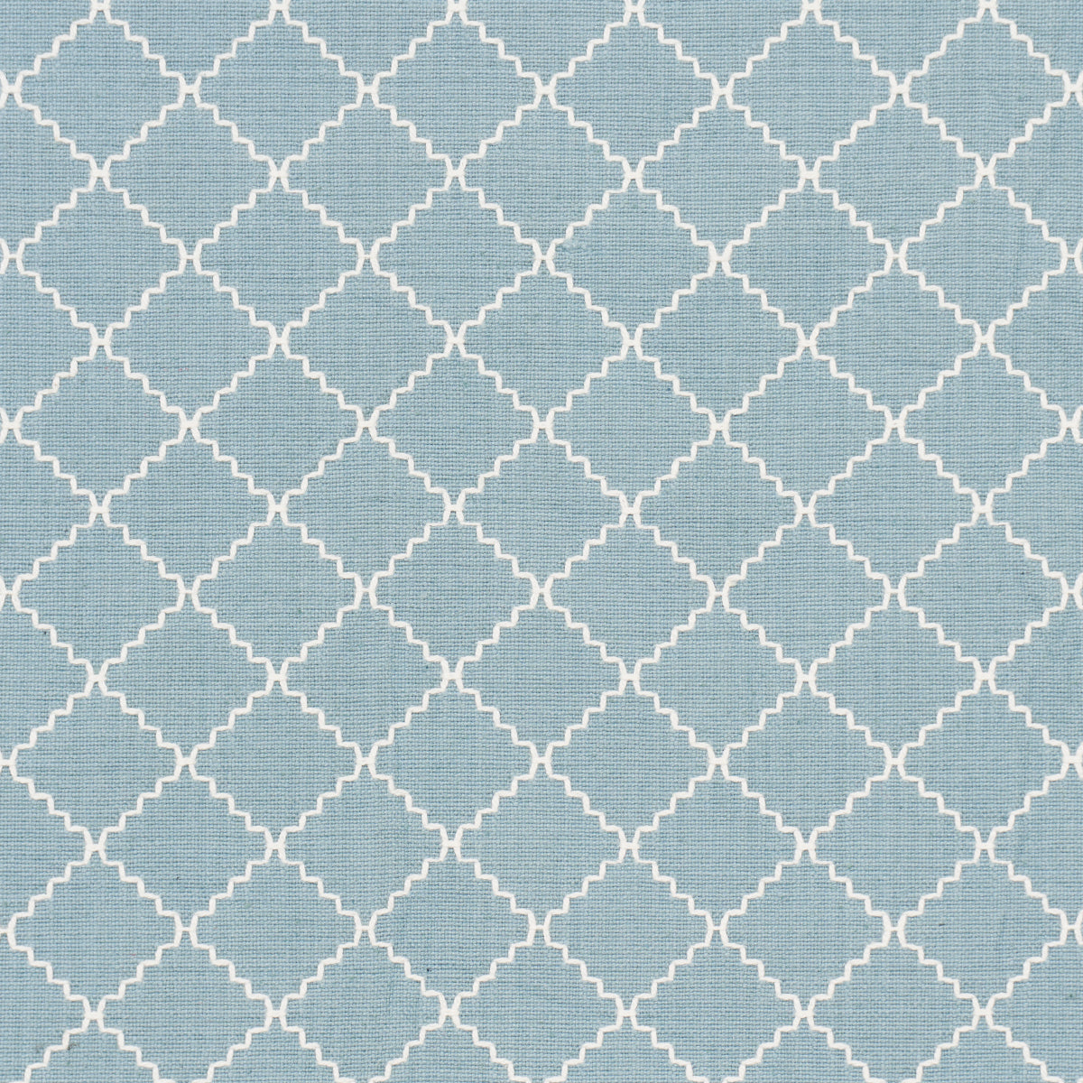 Light blue textile with a white trellis lattice pattern; geometric, woven fabric.