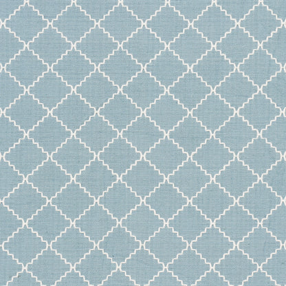 Light blue textile with a white trellis lattice pattern; geometric, woven fabric.