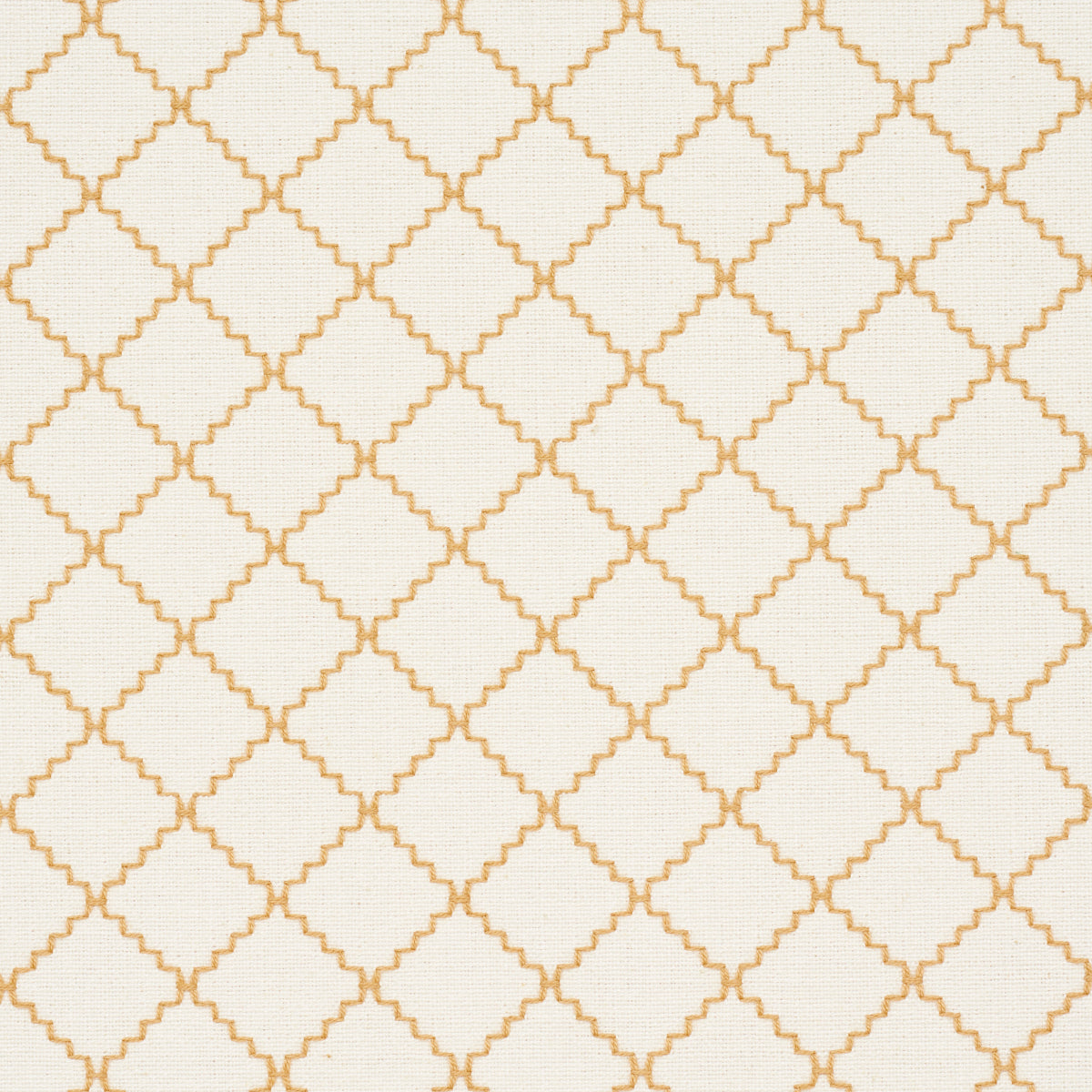 Cream fabric with gold geometric lattice of interlocking diamonds; metallic accent textile.