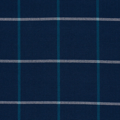 Navy blue windowpane woven fabric with white dotted horizontal stripes & teal vertical lines.