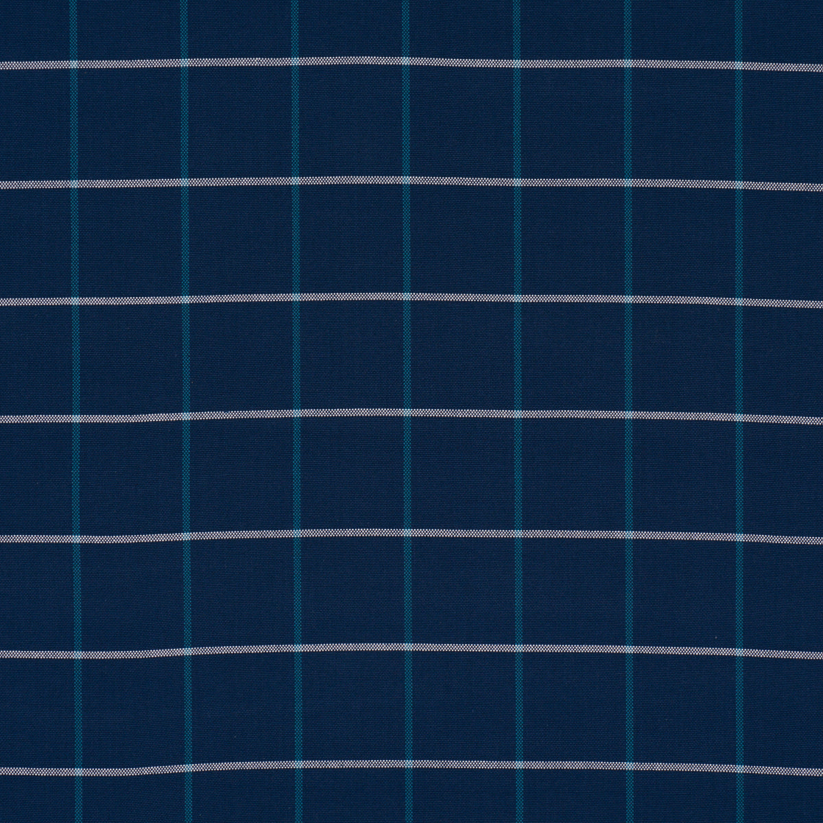 Navy blue plaid fabric with thin white horizontal lines and teal vertical lines.