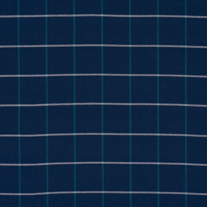 Navy blue plaid fabric with thin white horizontal lines and teal vertical lines.