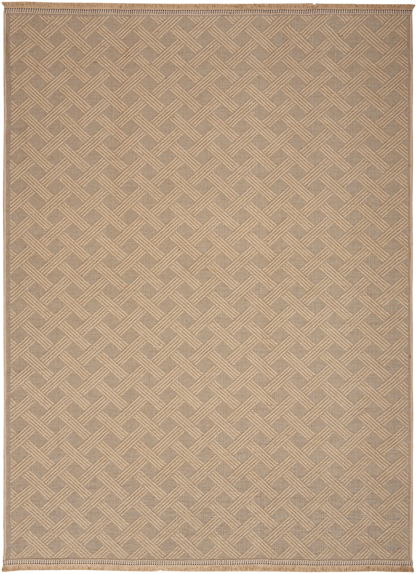 Natural jute rug in beige with a tight woven chevron lattice pattern and narrow border.