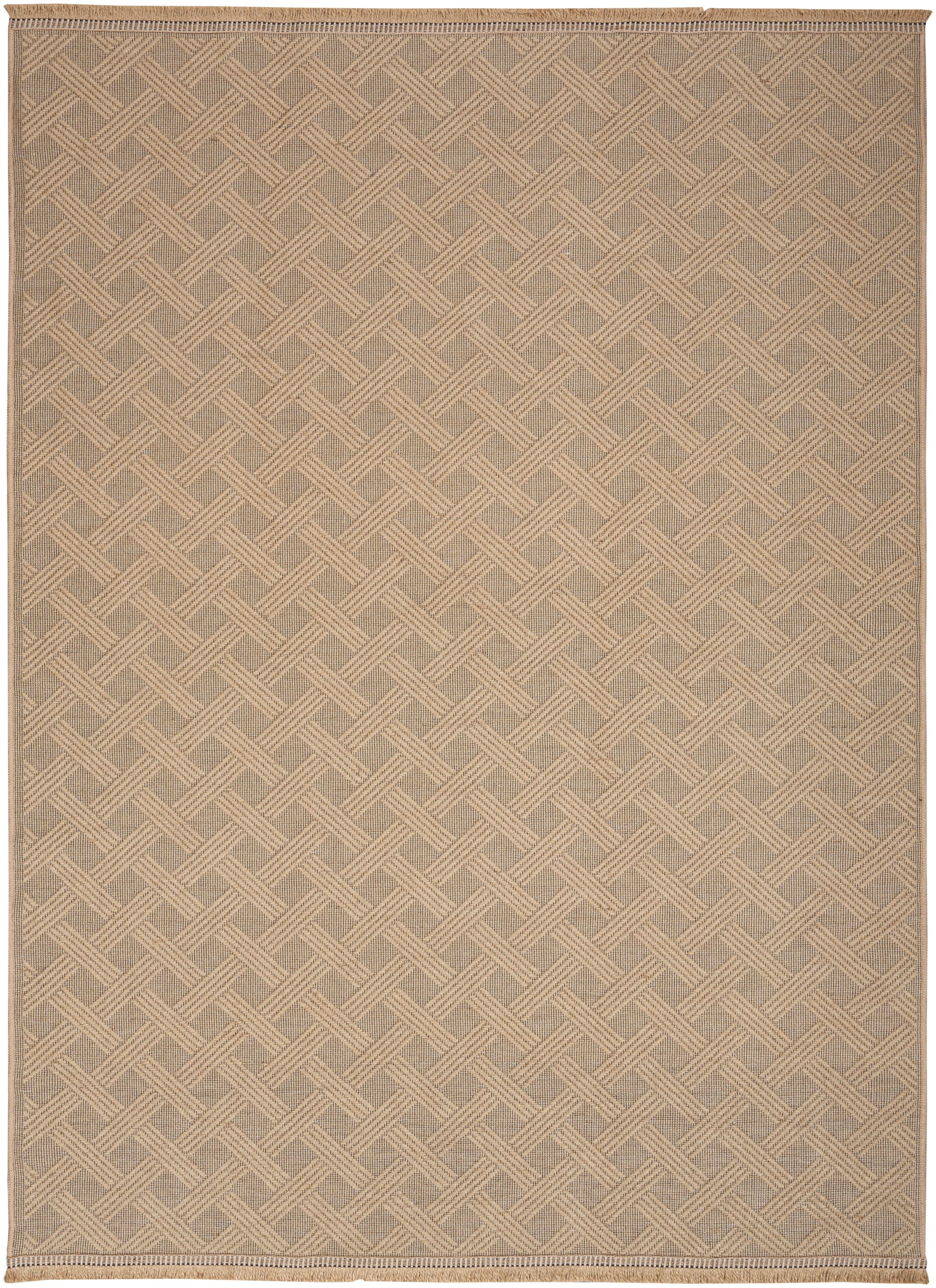 Natural jute rug in beige with a tight woven chevron lattice pattern and narrow border.