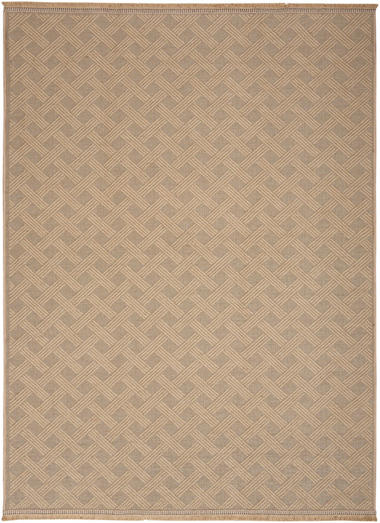 Natural jute rug in beige with a tight woven chevron lattice pattern and narrow border.