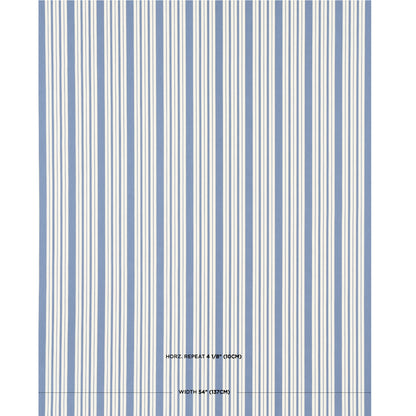 Blue and white vertical stripe wallpaper with varying stripe widths, classic striped roll for walls.