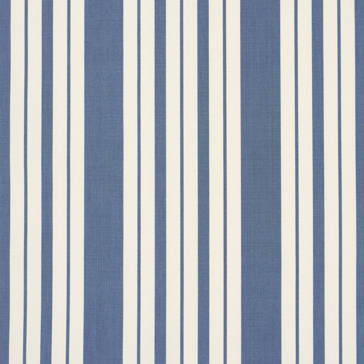 Blue and white vertical striped fabric pattern with alternating wide blue bands and thin white lines.