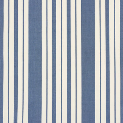 Blue and white vertical striped fabric pattern with alternating wide blue bands and thin white lines.