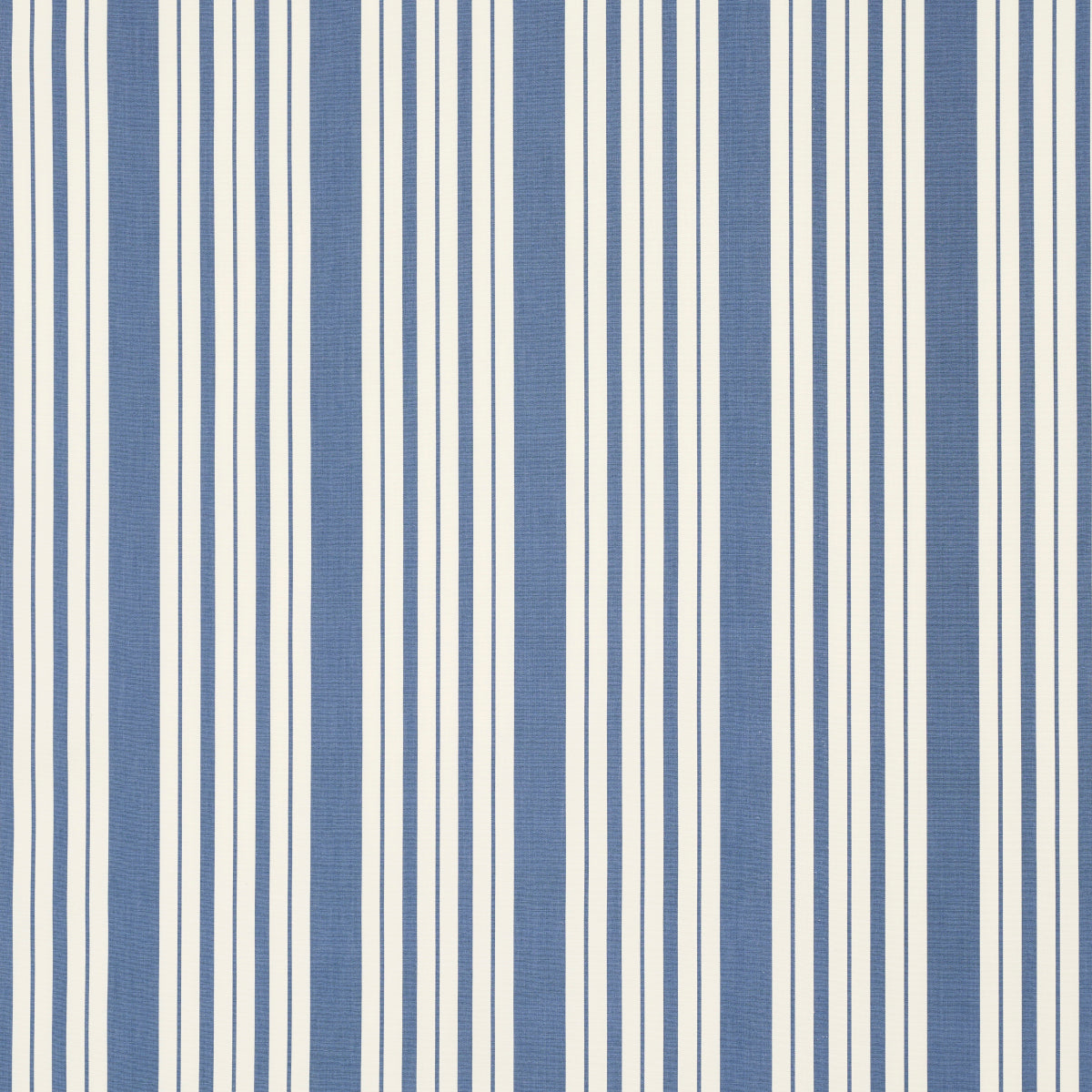Navy blue and white vertical striped fabric pattern with bold and narrow stripes; nautical style for clothing or upholstery.
