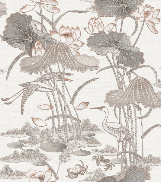 VEER DECOR Lotus Pond Tapestry Gray Wallpaper Chinoiserie Traditional, Transitional Grey  Wallpaper - 8386-AD1