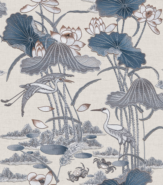 VEER DECOR Lotus Pond Tapestry Blue Wallpaper Chinoiserie Traditional, Transitional Blue  Wallpaper - 8386-AD2