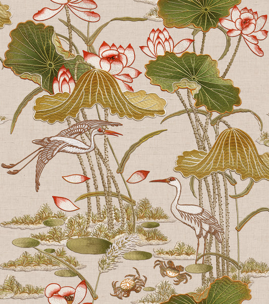 VEER DECOR Lotus Pond Tapestry Beige Wallpaper Chinoiserie Traditional, Transitional Beige  Wallpaper - 8386-AD3