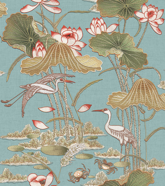 VEER DECOR Lotus Pond Tapestry Teal Wallpaper Chinoiserie Traditional, Transitional Teal  Wallpaper - 8386-AD4