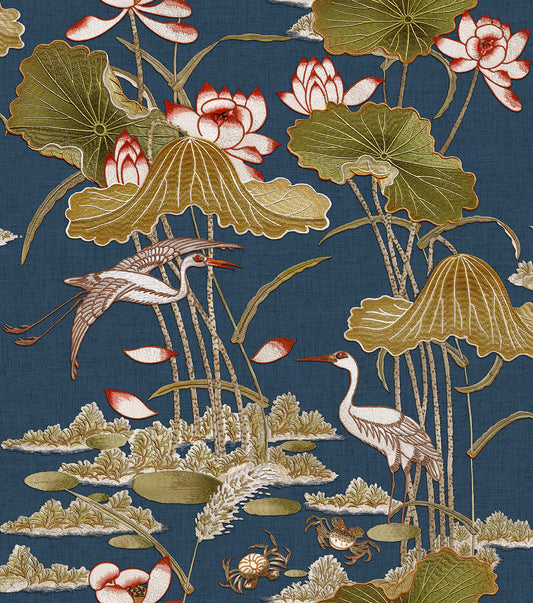 VEER DECOR Lotus Pond Tapestry Navy Wallpaper Chinoiserie Traditional, Transitional Navy  Wallpaper - 8386-AD5