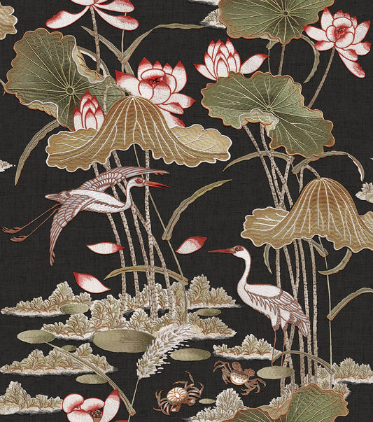 VEER DECOR Lotus Pond Tapestry Black Wallpaper Chinoiserie Traditional, Transitional Black  Wallpaper - 8386-AD6
