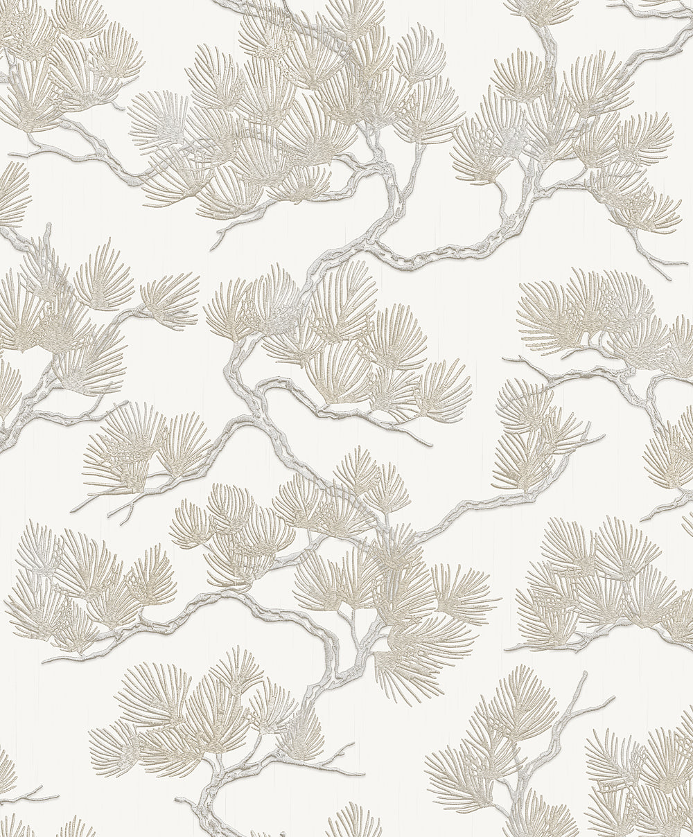VEER DECOR Embroidered Pine Tree Beige Wallpaper Nature Traditional Beige  Wallpaper - 8387-AF1