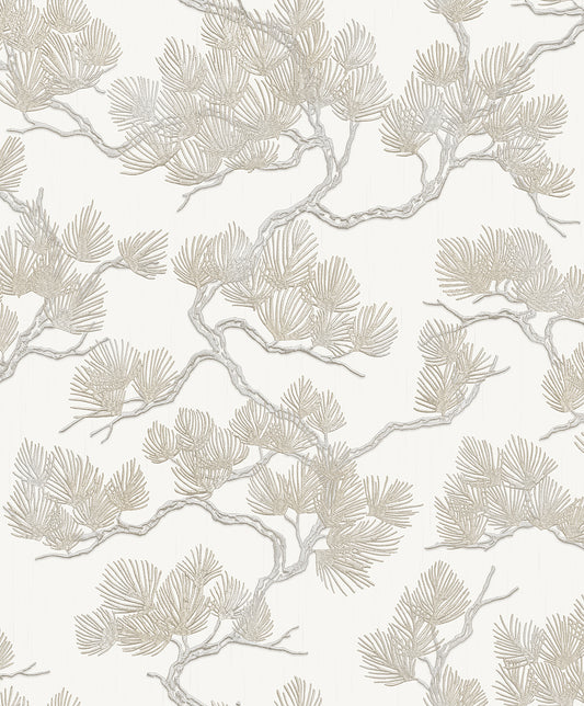 VEER DECOR Embroidered Pine Tree Beige Wallpaper Nature Traditional Beige  Wallpaper - 8387-AF1