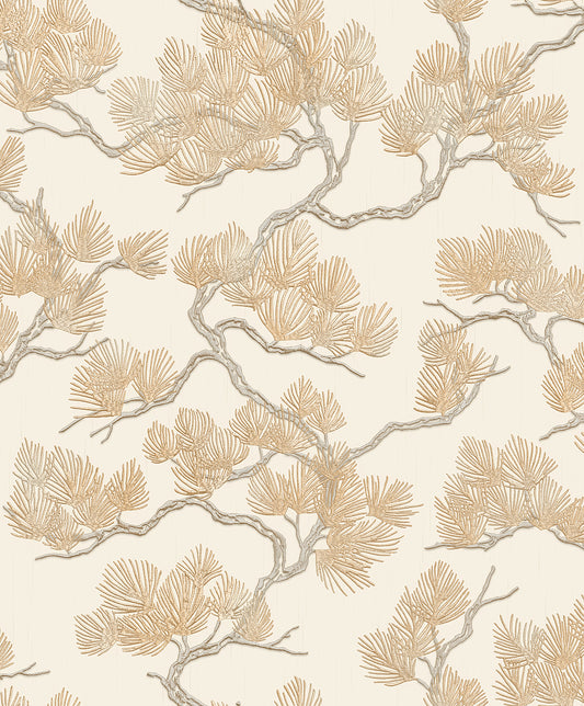 VEER DECOR Embroidered Pine Tree Gold Wallpaper Nature Traditional Gold  Wallpaper - 8387-AF2