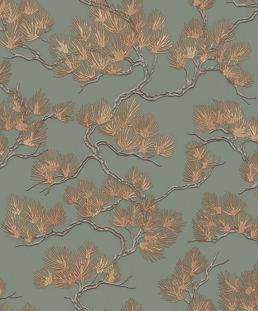 VEER DECOR Embroidered Pine Tree Sage Wallpaper Nature Traditional Sage  Wallpaper - 8387-AF3