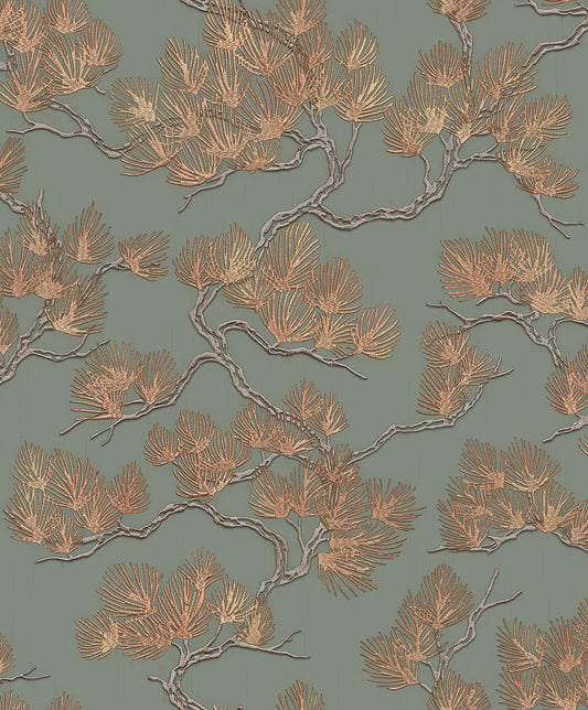 VEER DECOR Embroidered Pine Tree Sage Wallpaper Nature Traditional Sage  Wallpaper - 8387-AF3