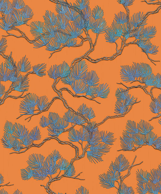 VEER DECOR Embroidered Pine Tree Orange Wallpaper Nature Traditional Orange  Wallpaper - 8387-AF5
