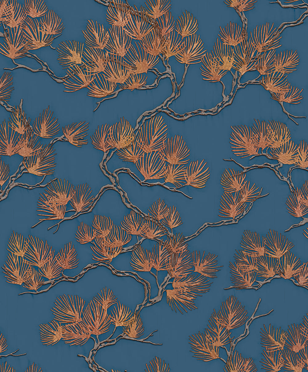 VEER DECOR Embroidered Pine Tree Blue Wallpaper Nature Traditional Blue  Wallpaper - 8387-AF6