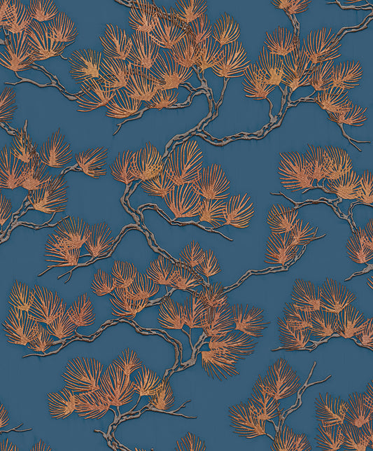 VEER DECOR Embroidered Pine Tree Blue Wallpaper Nature Traditional Blue  Wallpaper - 8387-AF6