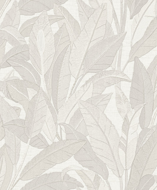 VEER DECOR Embroidered Tropical Foliage White Wallpaper Tropical Traditional, Transitional White  Wallpaper - 8388-AE1
