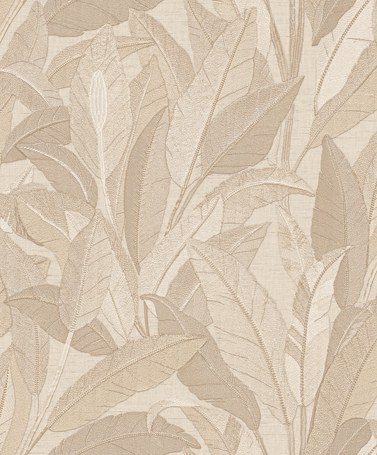 VEER DECOR Embroidered Tropical Foliage Beige Wallpaper Tropical Traditional, Transitional Beige  Wallpaper - 8388-AE2