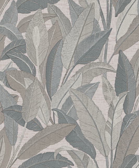 VEER DECOR Embroidered Tropical Foliage Gray Wallpaper Tropical Traditional, Transitional Grey  Wallpaper - 8388-AE4