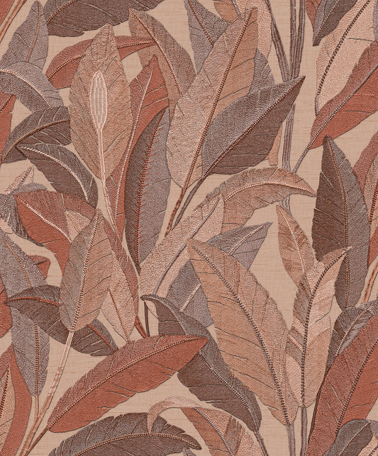 VEER DECOR Embroidered Tropical Foliage Red Wallpaper Tropical Traditional, Transitional Bronze  Wallpaper - 8388-AE5