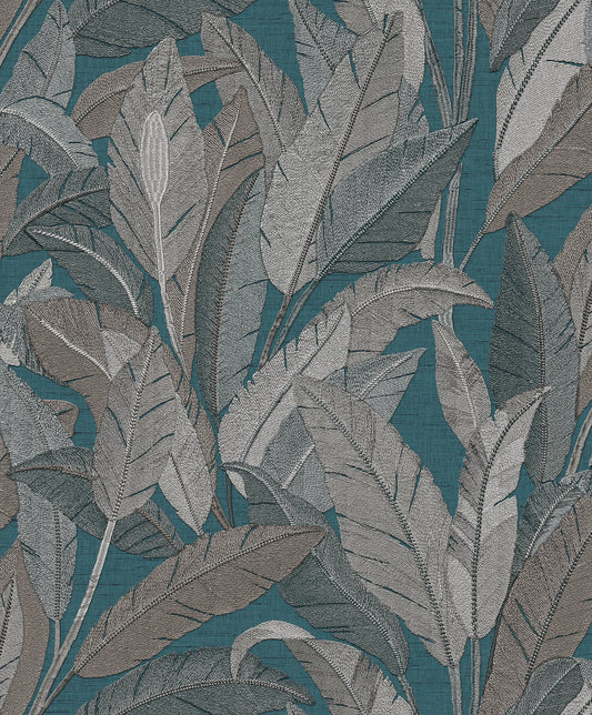 VEER DECOR Embroidered Tropical Foliage Blue Wallpaper Tropical Traditional, Transitional Blue  Wallpaper - 8388-AE6