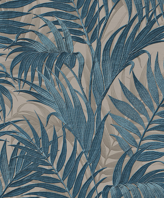 VEER DECOR Embroidered Palm Blue Wallpaper Tropical Tropical, Transitional, Traditional Blue  Wallpaper - 8389-AA8