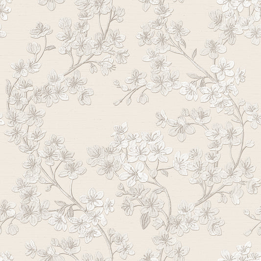 VEER DECOR Embroidered Cherry Bloom Silver Wallpaper Floral Traditional, Asian, Transitional Silver  Wallpaper - 8389-AB1