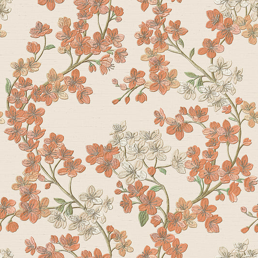 VEER DECOR Embroidered Cherry Bloom Orange Wallpaper Floral Traditional, Asian, Transitional Orange  Wallpaper - 8389-AB2