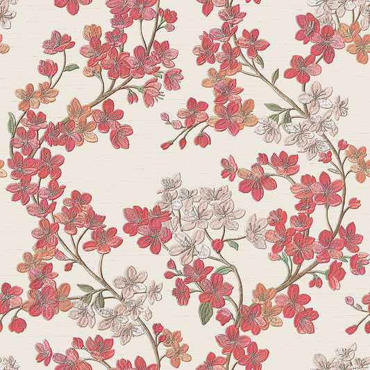 VEER DECOR Embroidered Cherry Bloom Pink Wallpaper Floral Traditional, Asian, Transitional Pink  Wallpaper - 8389-AB3