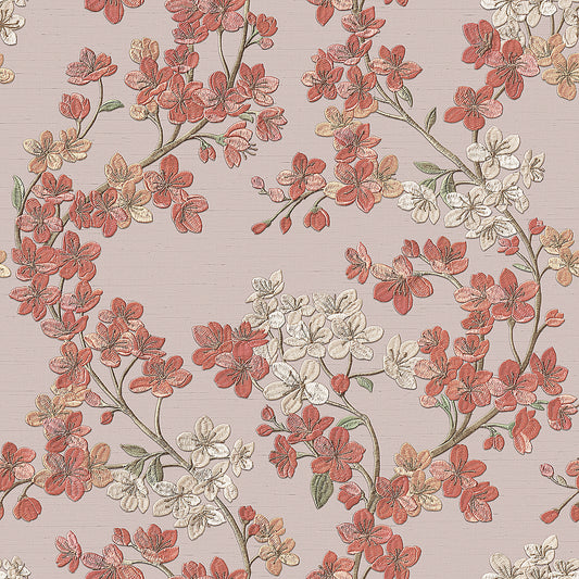 VEER DECOR Embroidered Cherry Bloom Red Wallpaper Floral Traditional, Asian, Transitional Red  Wallpaper - 8389-AB4