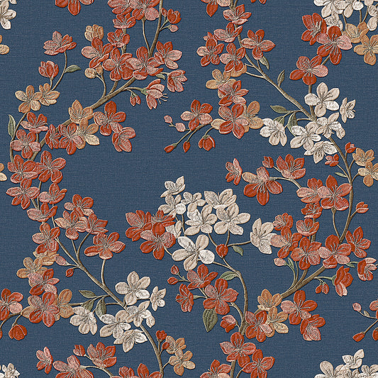 VEER DECOR Embroidered Cherry Bloom Navy Wallpaper Floral Traditional, Asian, Transitional Navy  Wallpaper - 8389-AB5