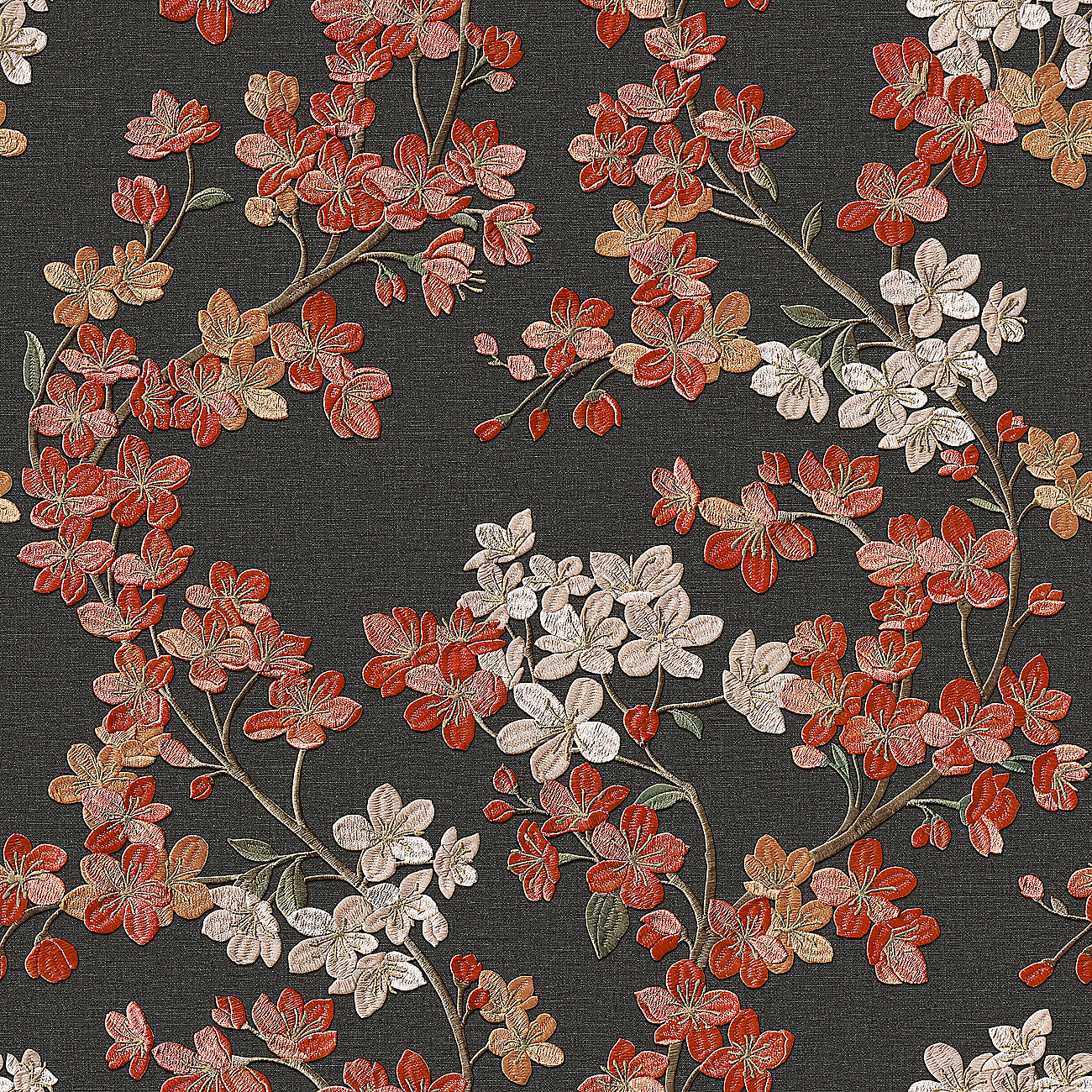 VEER DECOR Embroidered Cherry Bloom Black Wallpaper Floral Traditional, Asian, Transitional Black  Wallpaper - 8389-AB6