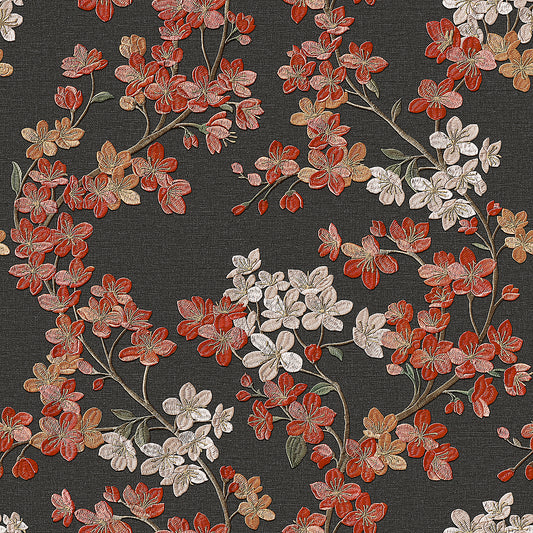 VEER DECOR Embroidered Cherry Bloom Black Wallpaper Floral Traditional, Asian, Transitional Black  Wallpaper - 8389-AB6