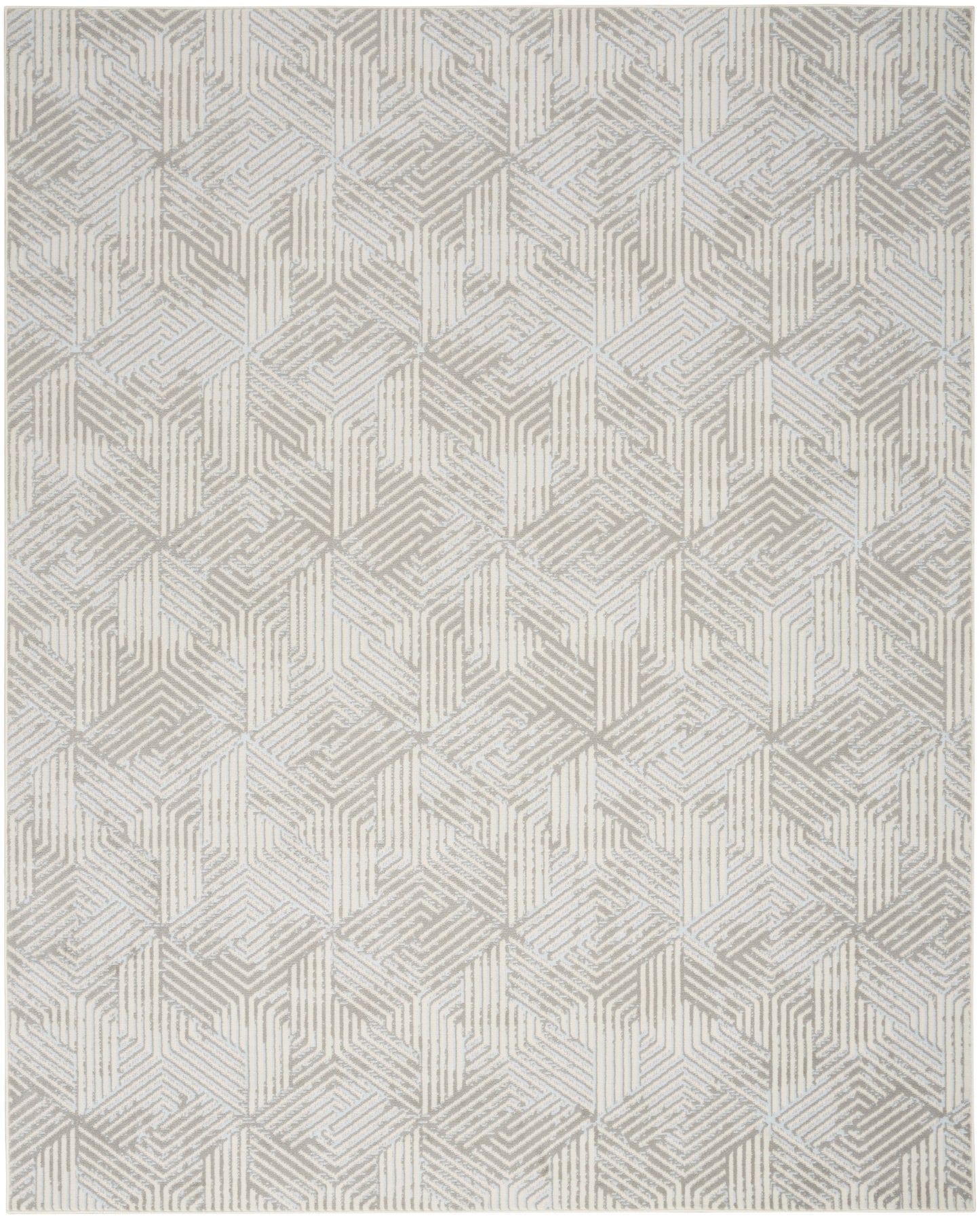 Neutral gray & ivory geometric rug with tessellated cube pattern; modern, woven design.