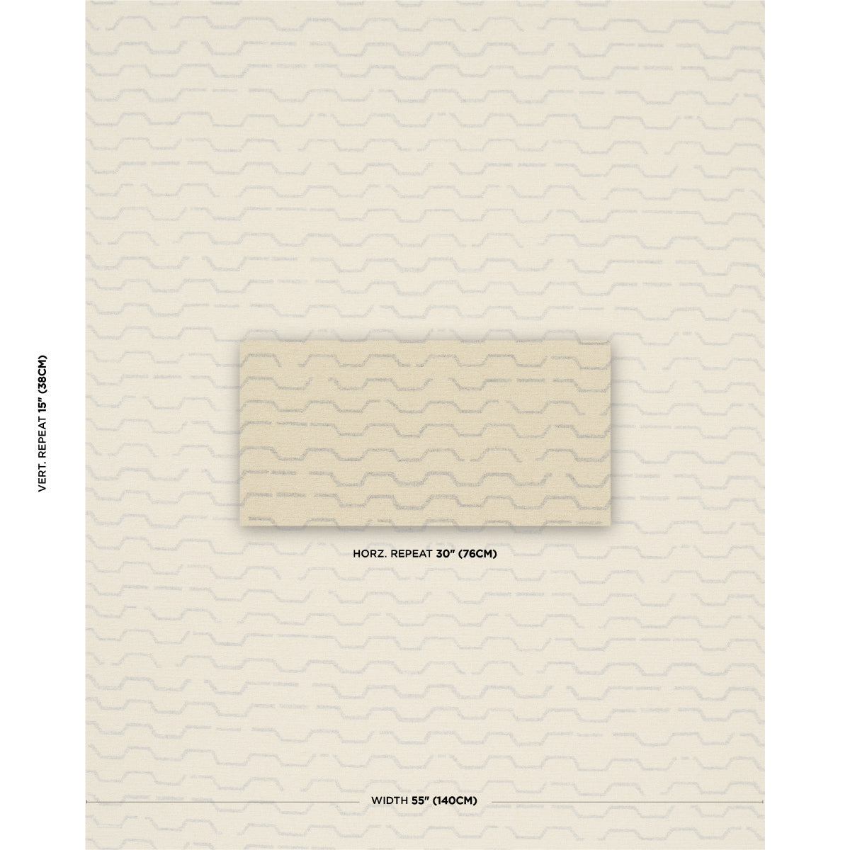 Beige wallpaper with subtle, wavy horizontal pattern; centered lighter beige swatch showing horizontal repeat and width.