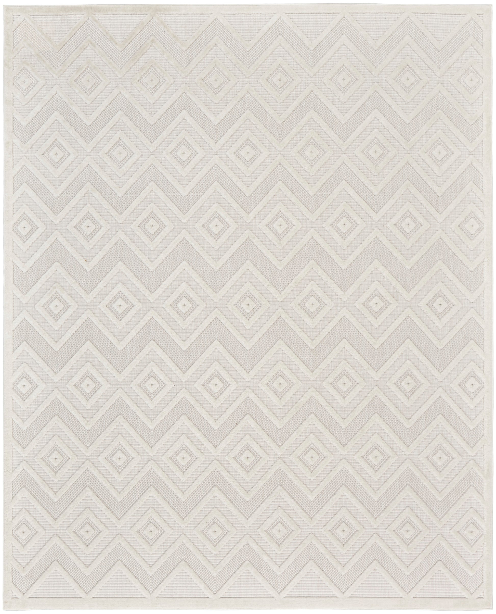 Cream/ivory geometric rug with repeating diamond and chevron pattern; woven flatweave, neutral home decor rug.