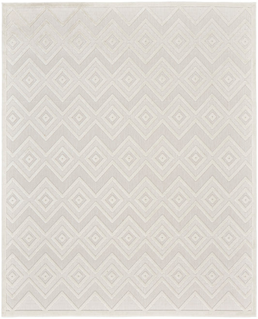 Cream/ivory geometric rug with repeating diamond and chevron pattern; woven flatweave, neutral home decor rug.