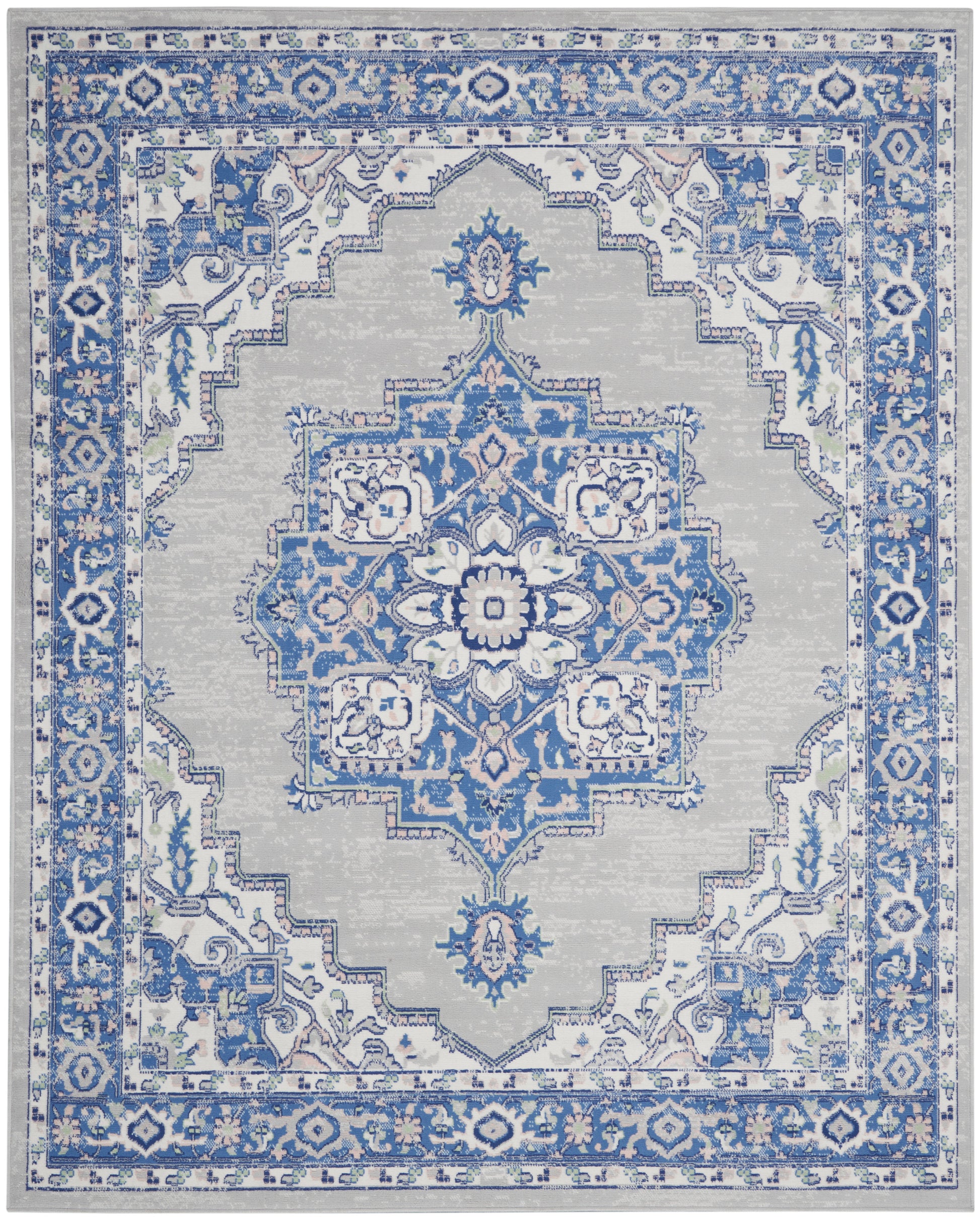 Rectangular rug with blue and gray medallion center, floral motifs and ornate borders in an antique oriental style.