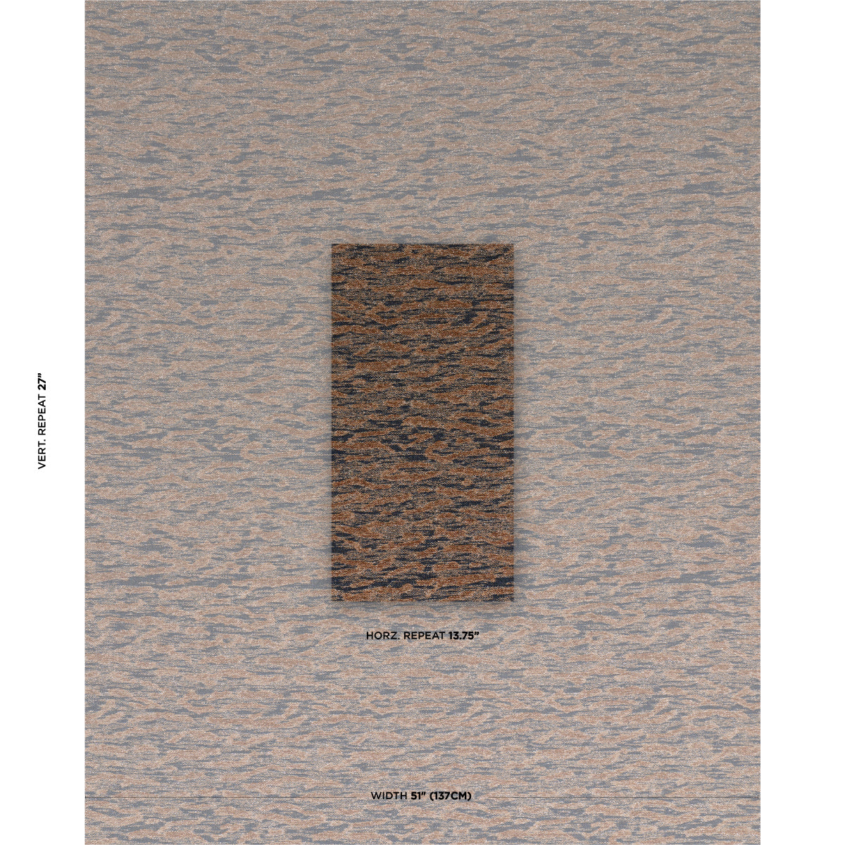 Beige textured wallpaper background with a dark brown wood-grain swatch centered; shows horizontal & vertical repeat notes.
