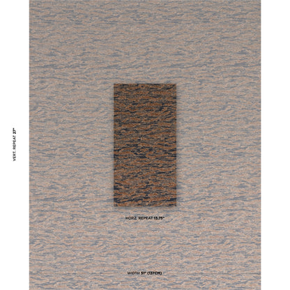 Beige textured wallpaper background with a dark brown wood-grain swatch centered; shows horizontal & vertical repeat notes.