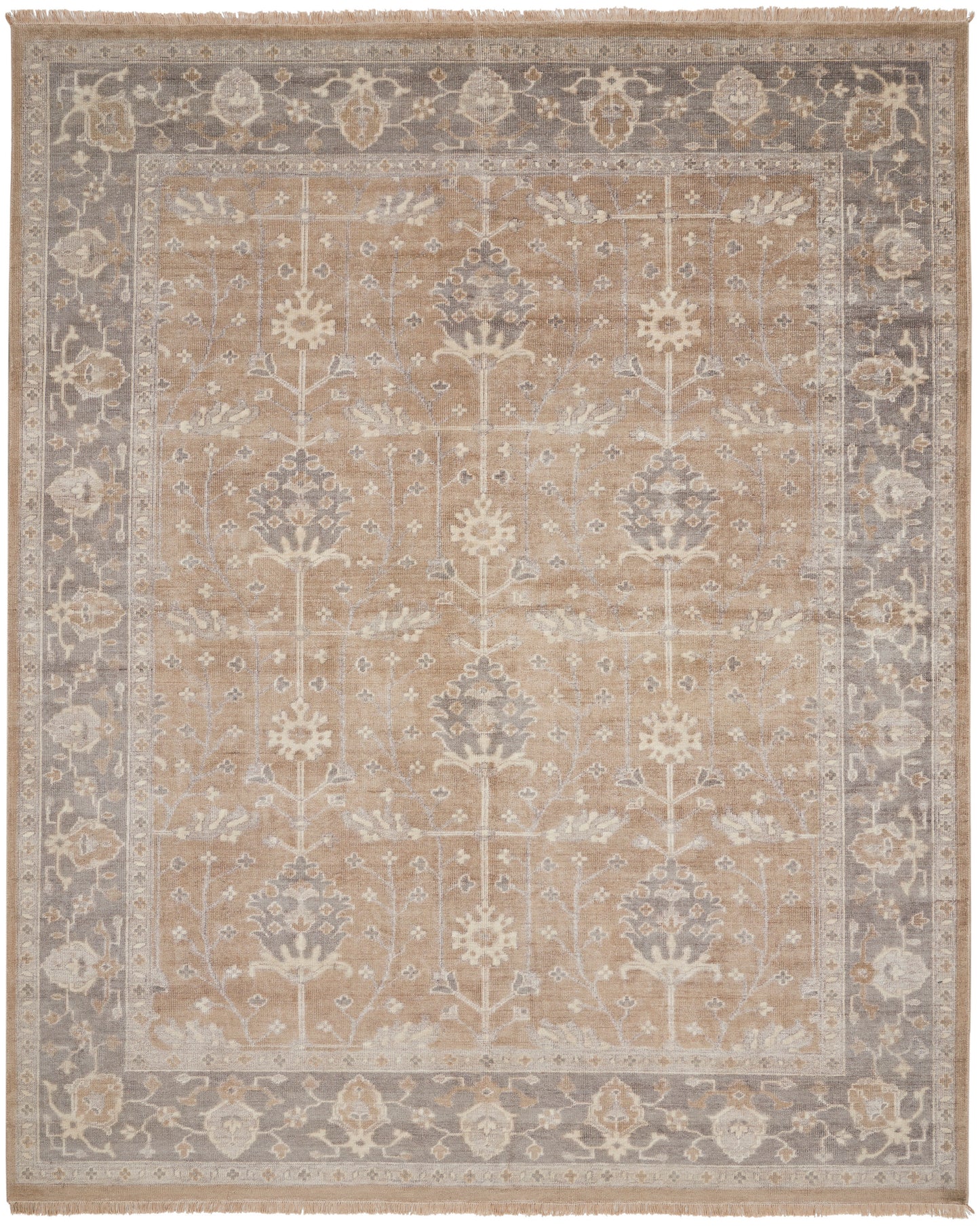 Beige oriental rug with a gray-blue border and ivory floral motifs in a vintage distressed Persian-inspired pattern.